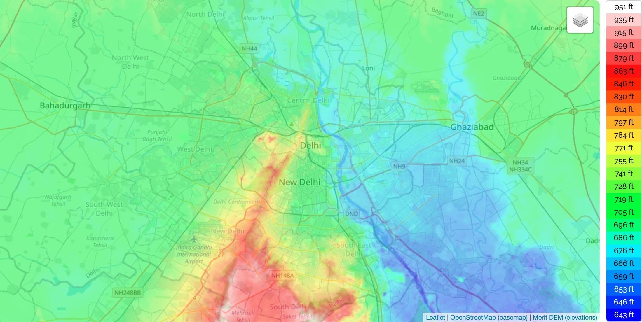 New Delhi elevation map